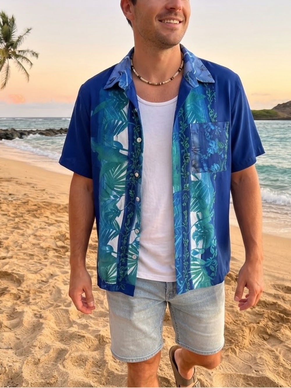 Casual Blue Tropical-Panel Short Sleeve Button-Down Shirt